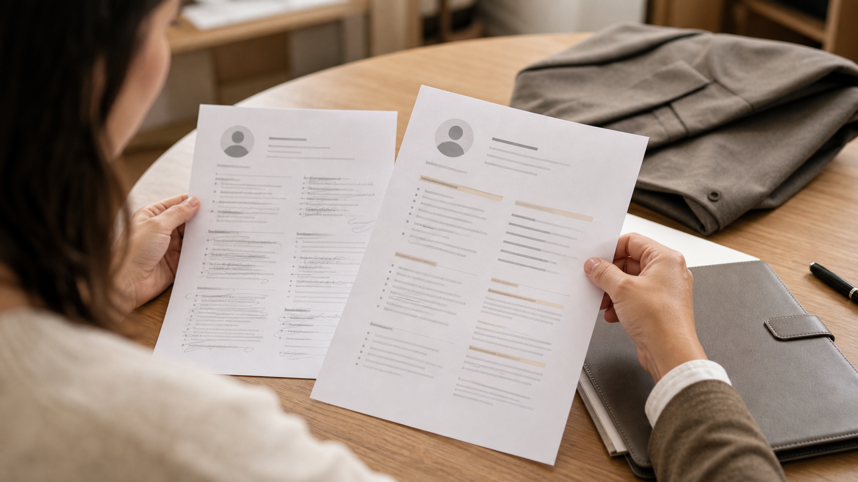 Printed resume reviewed with folders and pen for a career change