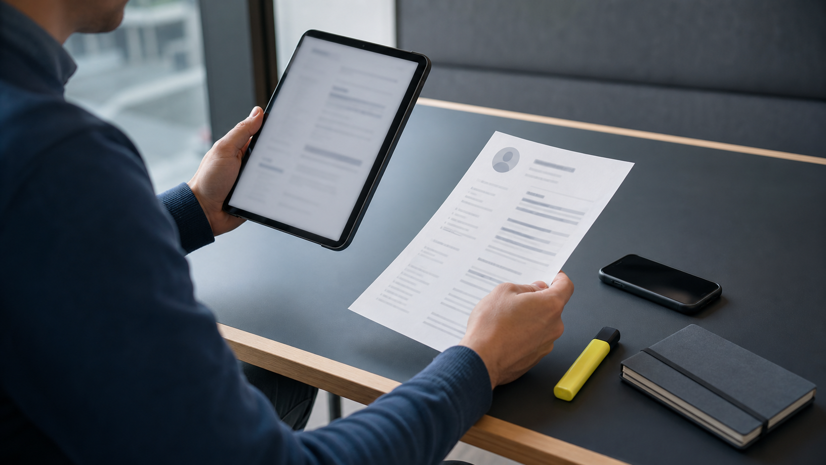 Laptop upload screen and printed resume on a desk
