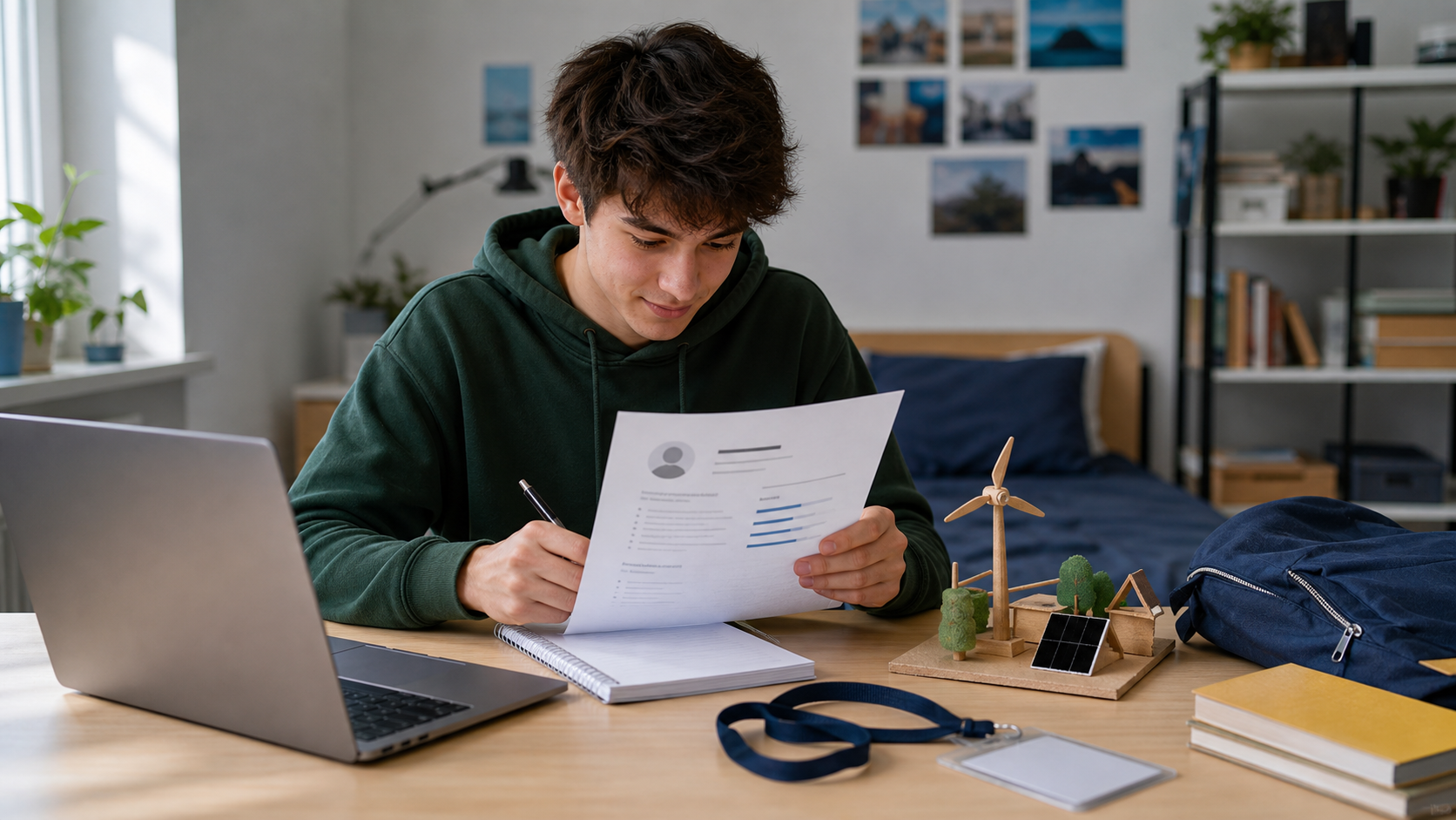 First resume on laptop and printed document with notebook on a desk