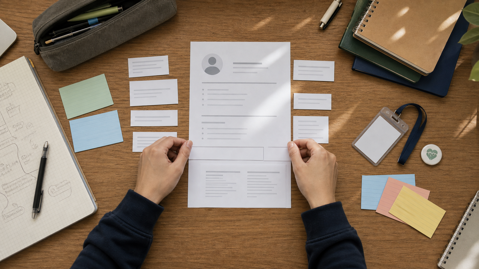 First resume on laptop and printed document with notebook on a desk