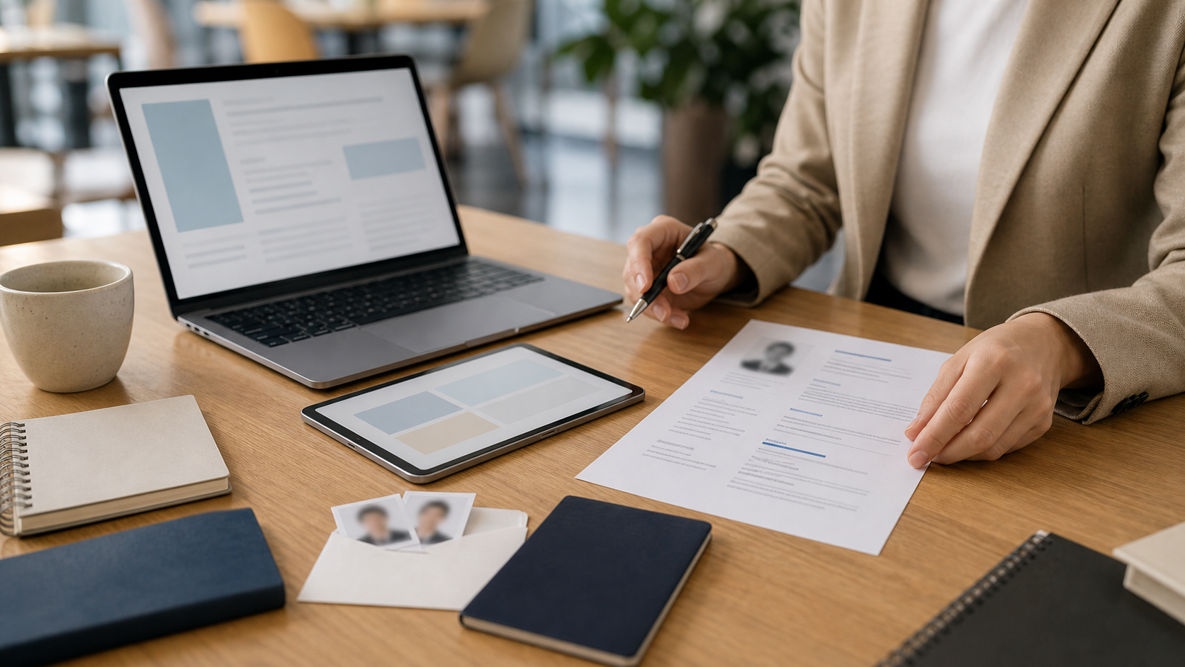 Resume with photo placeholder and tablet with blurred portrait on a desk
