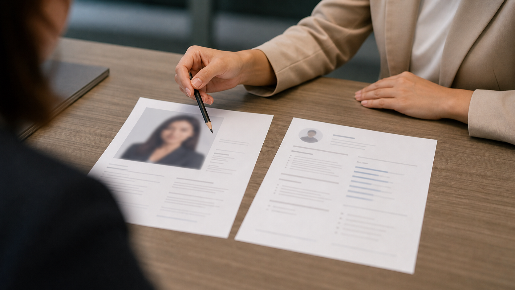 Printed resume with photo placeholder and smartphone with blurred portrait