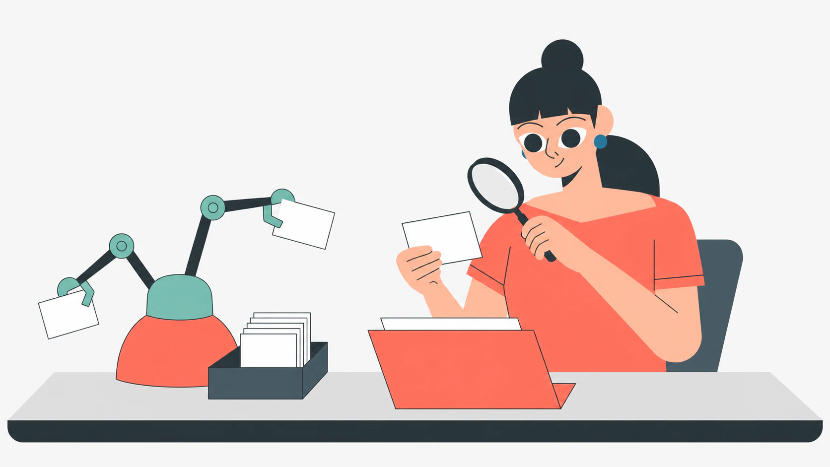 Una profesional revisa el trabajo organizado por un asistente de IA